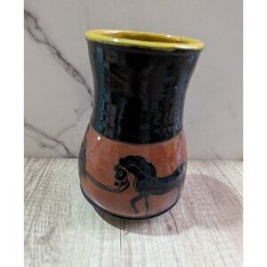 vintage vase Handcrafted Ceramic  pottery With Black Horse Yellow Rim signed 7"